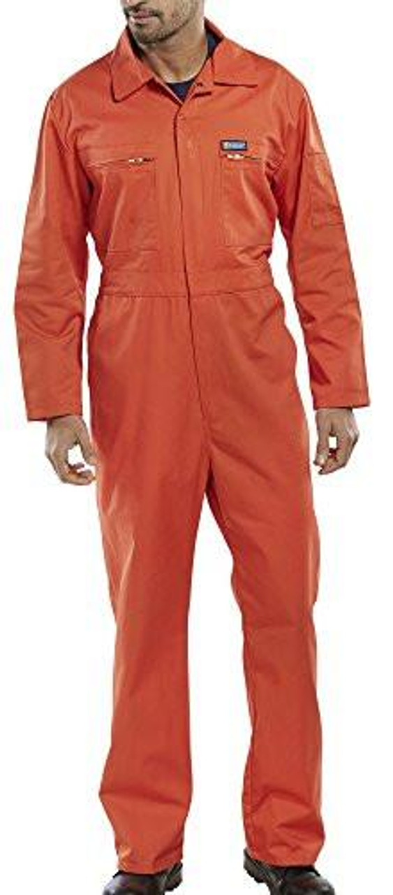 B-Super Click Workwear Boilersuit Orange 44, front view of a man wearing an orange workwear boilersuit with long sleeves, a collar, and front zipper.