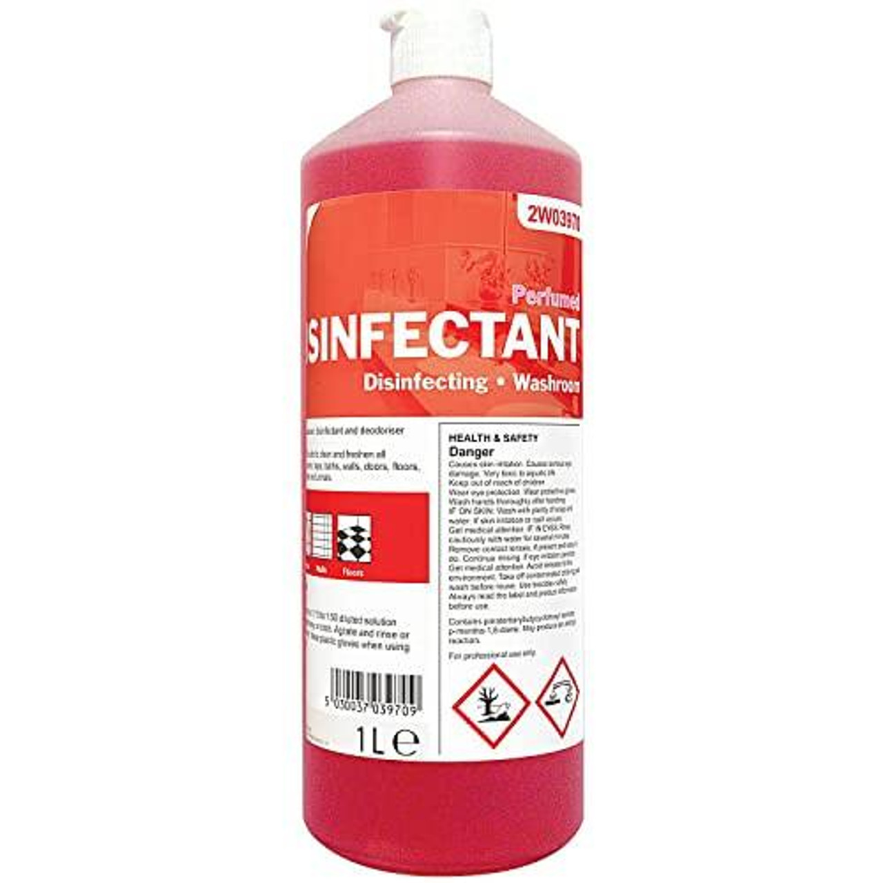 2Work Disinfectant and Washroom Cleaner Perfumed, 1 Litre bottle with red label and white cap, designed for disinfecting and cleaning washrooms.