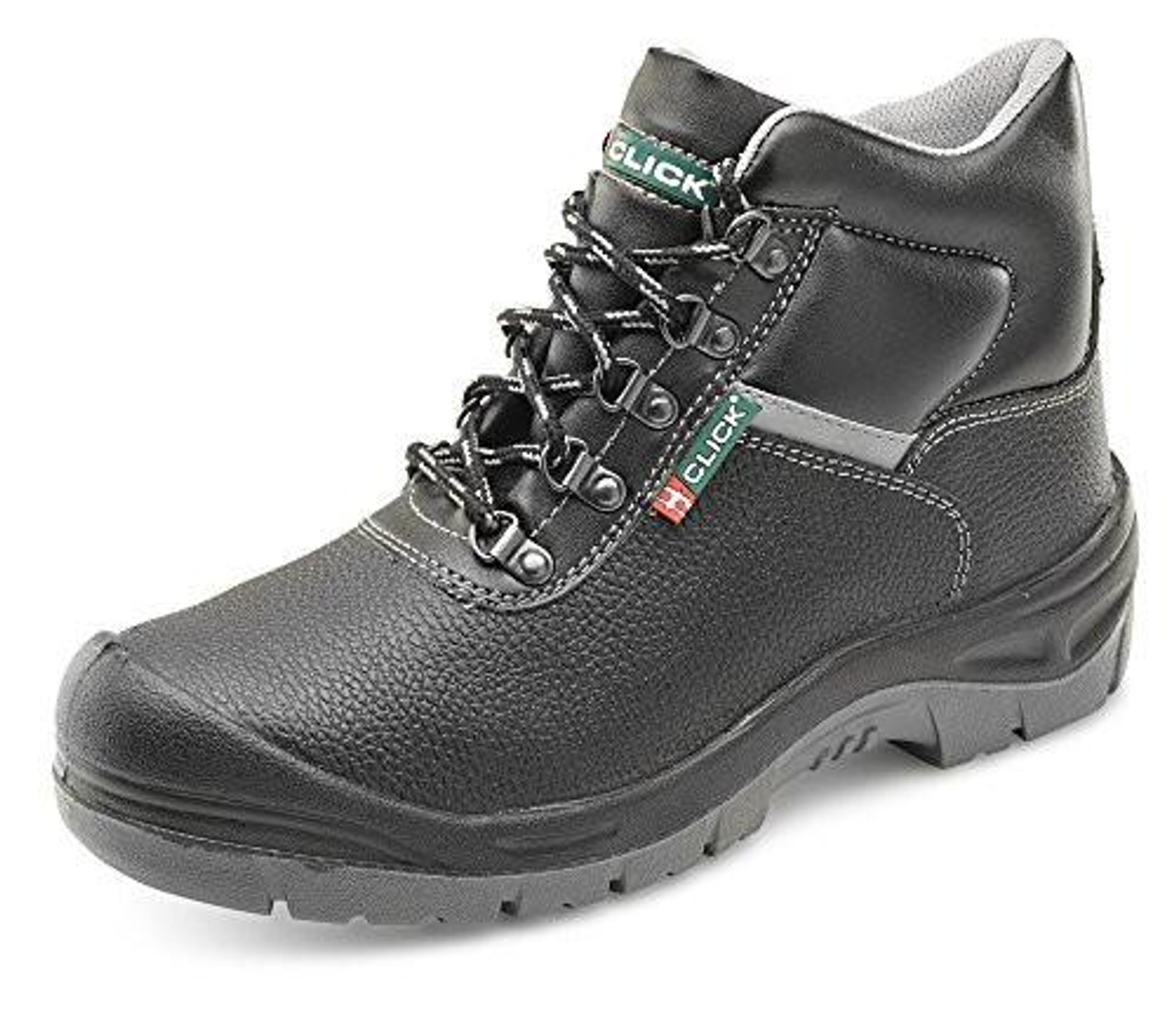 CLICK DUAL DENSITY SITE BOOT S3 BLACK 13, a durable black safety work boot with dual density sole and protective features.