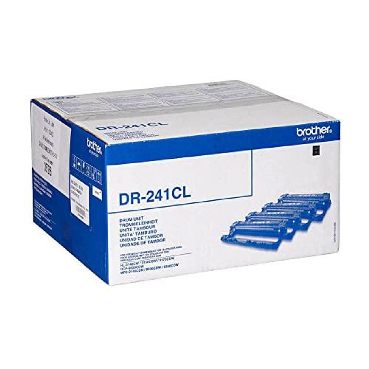 Brother DR-241CL Drum Unit, Brother Genuine Supplies, Cyan, white and blue box with images of four drum units on packaging