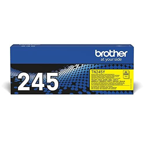 Brother TN-245Y Toner Cartridge, Yellow, Single Pack, High Yield, Includes 1 x Toner Cartridge, Brother Genuine Supplies - product box with blue design and yellow label.
