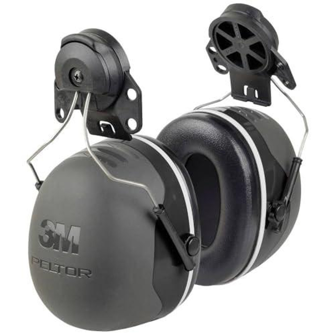 3M Peltor X5P3 35 dB Helmet Mounted Earmuffs - Black, safety earmuffs with adjustable headband and noise-canceling ear cups for hearing protection.