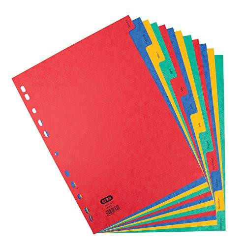 Elba A4 January to December Pressboard Dividers, Assorted Colours, 1 Set, colorful binders with tabbed dividers in red, blue, yellow, and green for organizing documents.