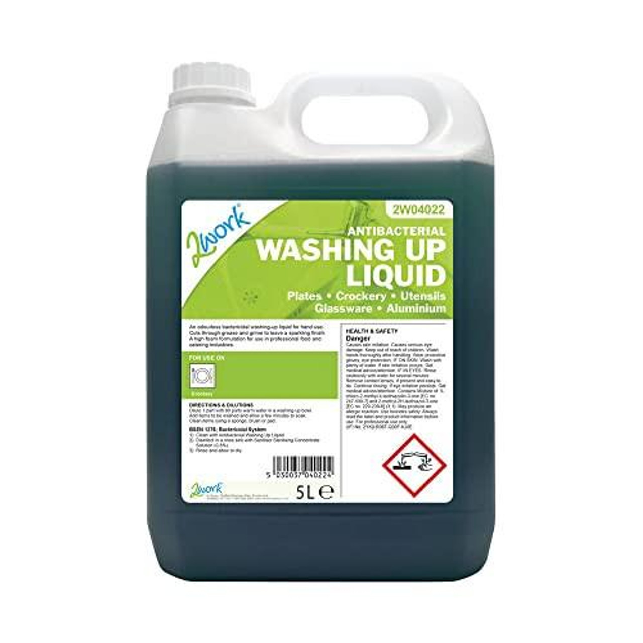 2Work Antibacterial Washing Up Liquid 5 Litre, large grey plastic bottle with green and white label displaying product information and safety warnings.