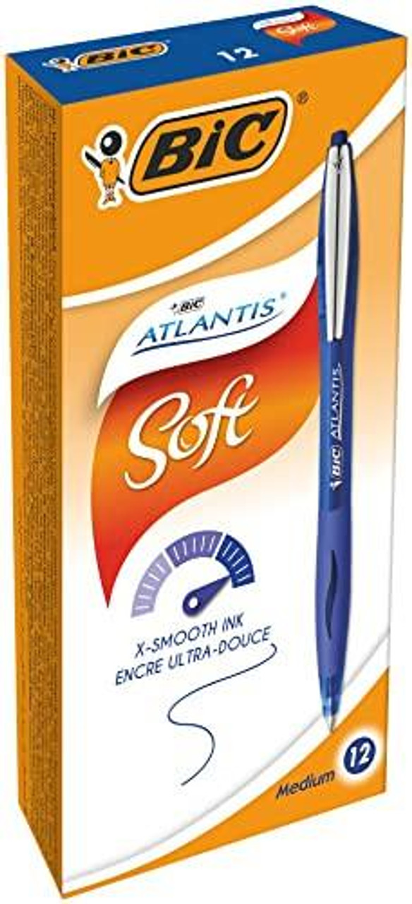 Bic 902132 Atlantis Soft Ball Pens Medium Point (1.0 mm) - Blue, Box of 12, featuring a pack of 12 blue ink ballpoint pens with a sleek design and packaging showcasing the Bic logo and product details.