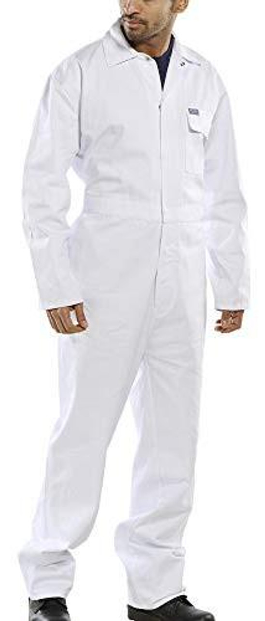 CLICK COTTON DRILL BOILERSUIT WHITE 42, white cotton drill boiler suit with long sleeves and front zipper closure.