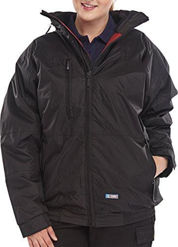 MERCURY BOMBER JACKET BLACK XXXL, woman wearing a black waterproof bomber jacket with multiple zippered pockets and a hood for outdoor winter or casual wear.