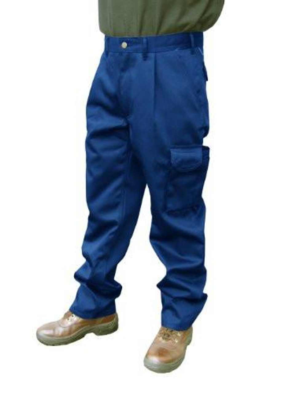 CLICK TRADERS NEWARK TROUSERS NAVY BLUE 38, navy blue work cargo trousers with multiple pockets worn by a person with beige work shoes.