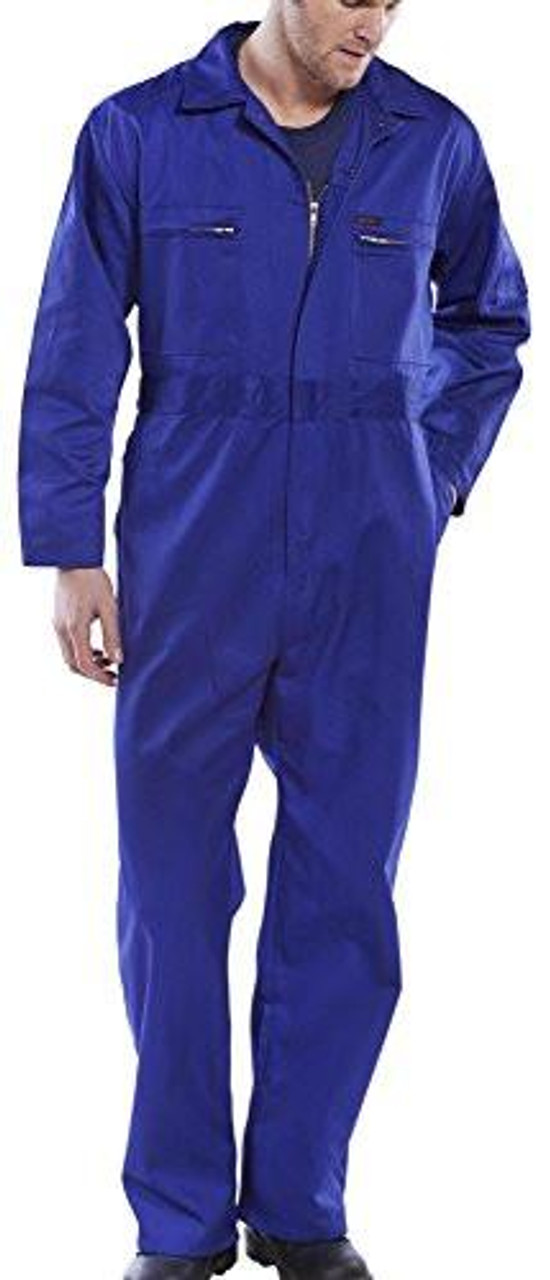 SUPER CLICK HEAVY WEIGHT BOILERSUIT ROYAL BLUE 50, a full-length heavy-duty blue boilersuit worn by a male model for industrial work.