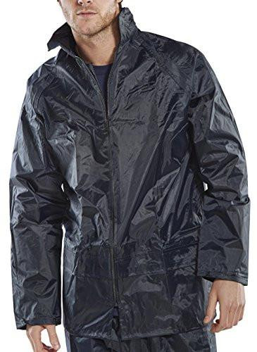 NYLON B-DRI JACKET NAVY BLUE XXXL, a waterproof navy blue nylon jacket with a front zipper and hood designed for outdoor activities.
