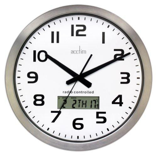Acctim Meal Wall Clock, White, 38 cm, digital and analog display, modern design with a silver frame.