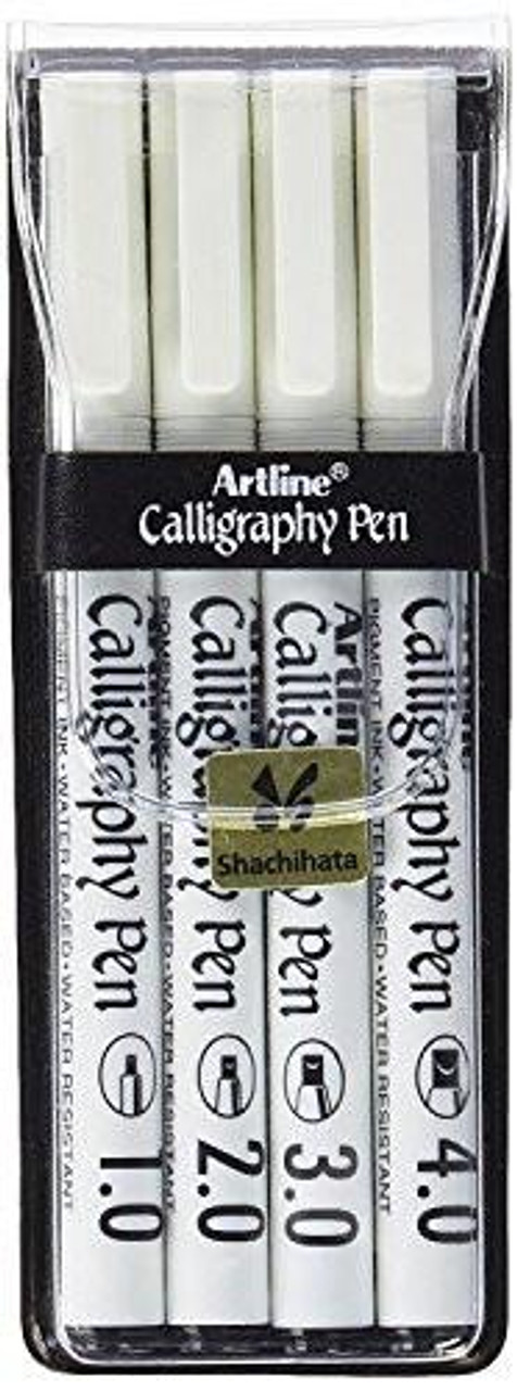 Artline EK-240W4 Calligraphy Pen - Assorted (Pack of 4), black, art tools with four calligraphy pens in black ink with different nib sizes in a clear plastic case.