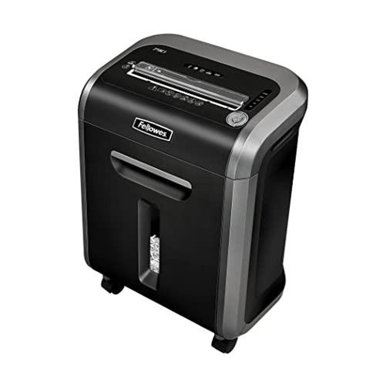 Fellowes 16 Sheet Paper Shredder for Office Use, black and gray cross cut shredder with large 23-litre pull-out bin, featuring 100% Jam Proof technology and capable of shredding for 20 minutes continuously.
