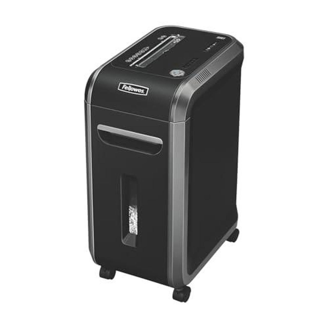 Fellowes 18 Sheet Paper Shredder for Office Use, black cross cut shredder with large 34-litre pull-out bin and digital control panel.