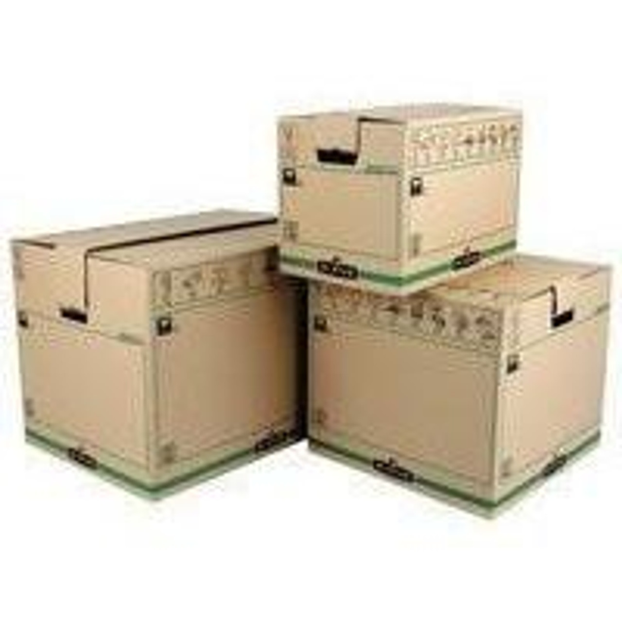 FELLOWES R-KIVE MOVING BOX LRG PK5FPC, three large, sturdy cardboard moving boxes stacked for storage or relocation.