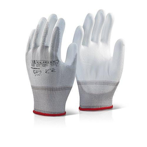 PU Coated Gloves White S, pair of white coated work gloves with red elastic cuffs for safety and grip.
