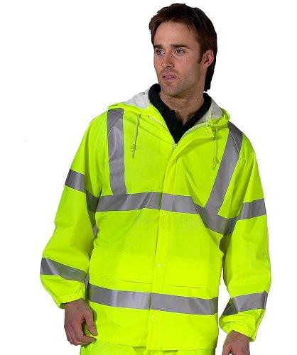 SUPER B-DRI BREATHABLE JACKET SATURN YELLOW XXXL, high-visibility yellow breathable waterproof jacket with reflective silver stripes for safety and visibility.