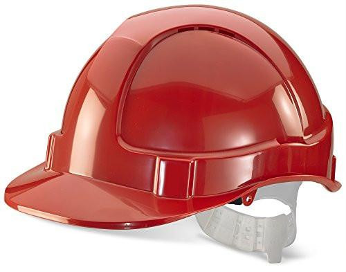 ECONOMY VENTED SAFETY HELMET RED, red safety helmet with vented design and adjustable white strap for construction safety.