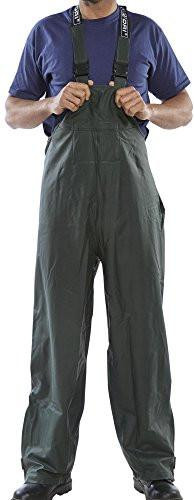 SUPER B-DRI BIB & BRACE OLIVE GREEN XL, front view of a person wearing olive green waterproof bib and braces with adjustable straps.