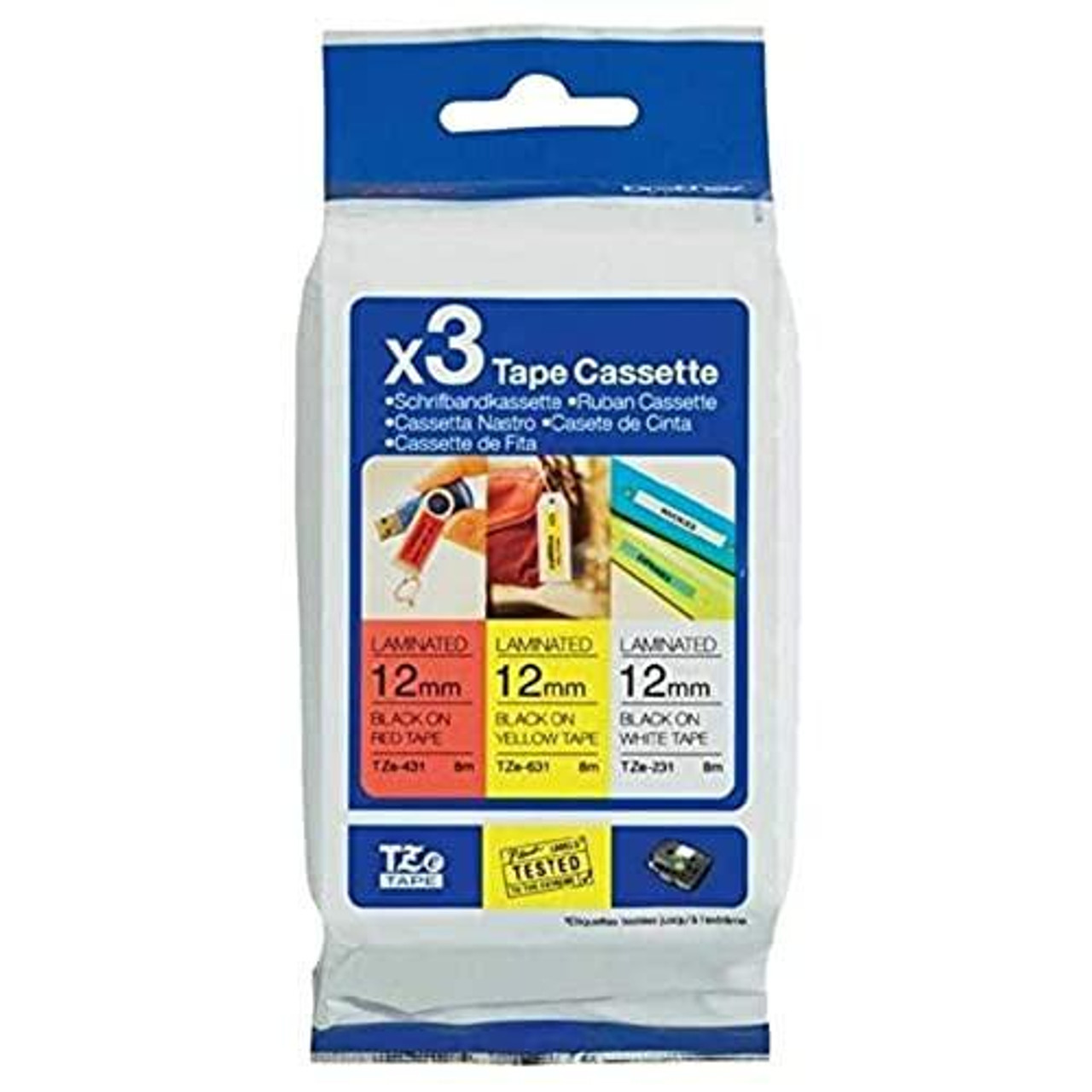 BROTHER TZe-31M3 Labelling Tape Cassettes, Multi Pack, Black on White/Yellow/Red, 12 mm x 8 m, Laminated, includes 3 tapes, Genuine Brother supplies.