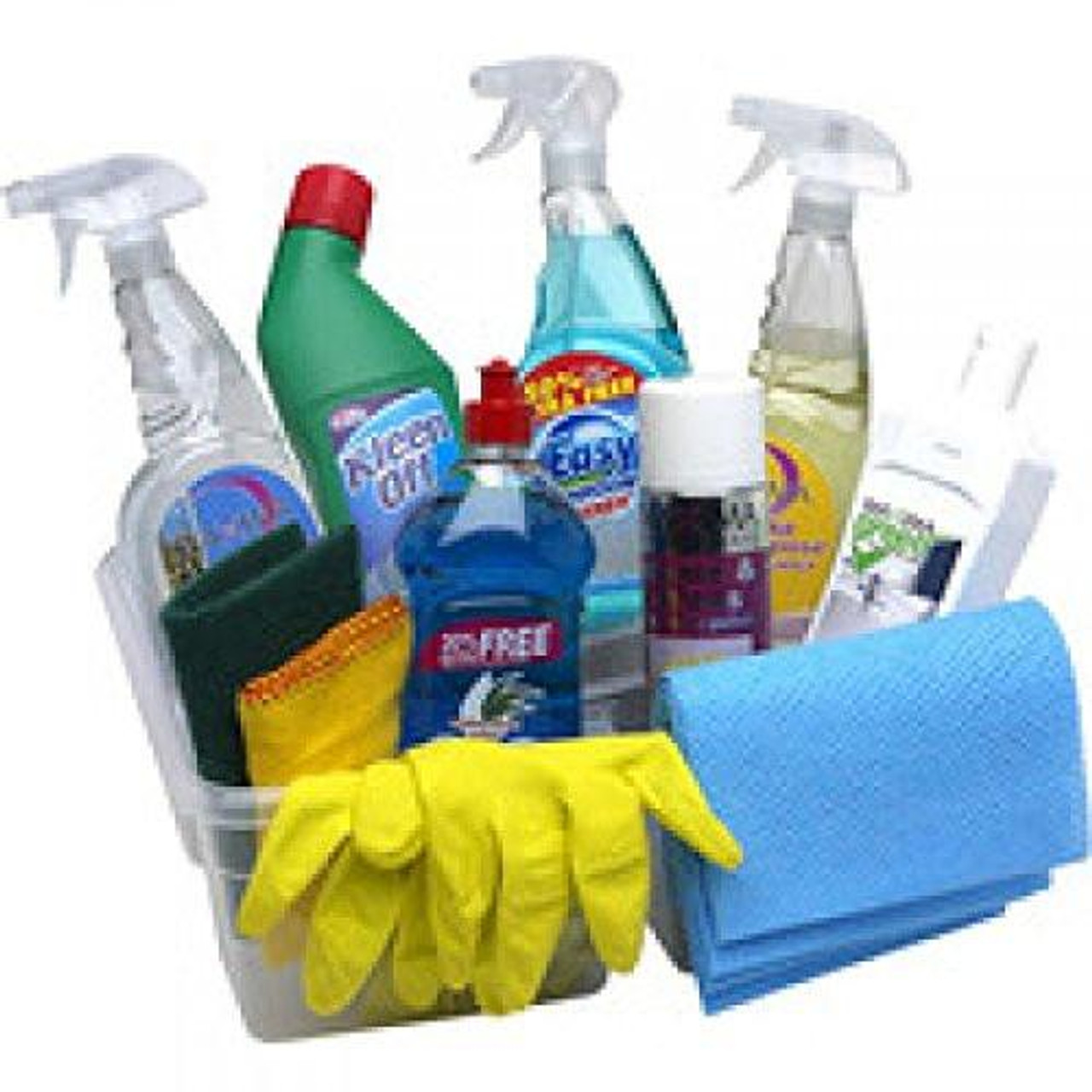 Complete Cleaning Kit, assortment of spray bottles, cleaning solutions, yellow gloves, sponge, and blue cleaning cloth for household cleaning.