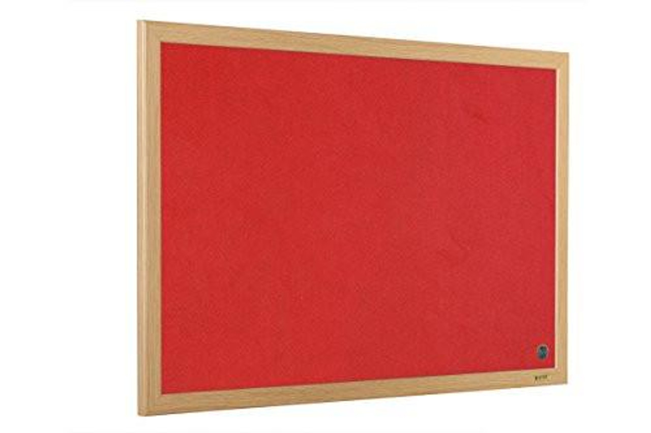 Bi-Office Earth-it Executive Felt Board with Oak Frame, 900 x 600 mm, red, featuring a wooden frame and a red felt surface for display and presentations.