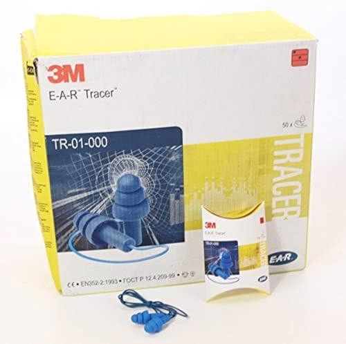 3M E-A-R Tracers Earplugs, 32 dB, Corded, Storage Case, 50 Pairs/Box, TR-01-100, showing a box with blue earplugs and carrying case, for hearing protection.