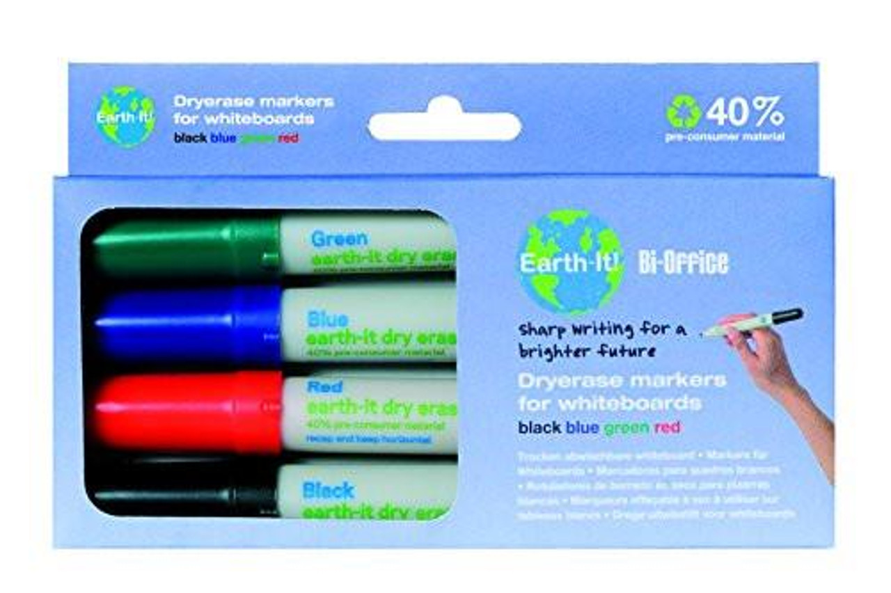 Bi-Office Earth - Recycled Whiteboard Marker, pack of 4 colorful markers in green, blue, red, and black in a blue packaging box