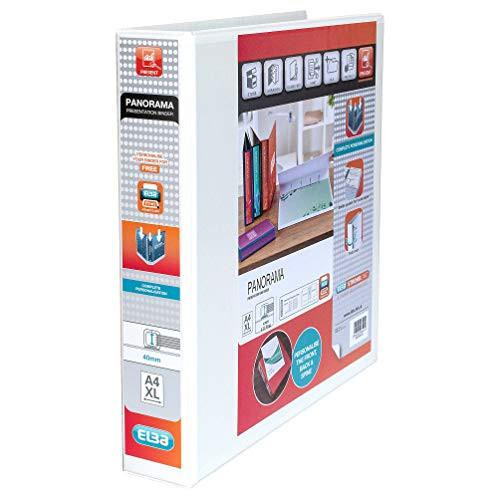 Elba 400008419 A4 Plus Strongline Panorama Presentation Binder - White, front view of the binder packaging showing its features and design.