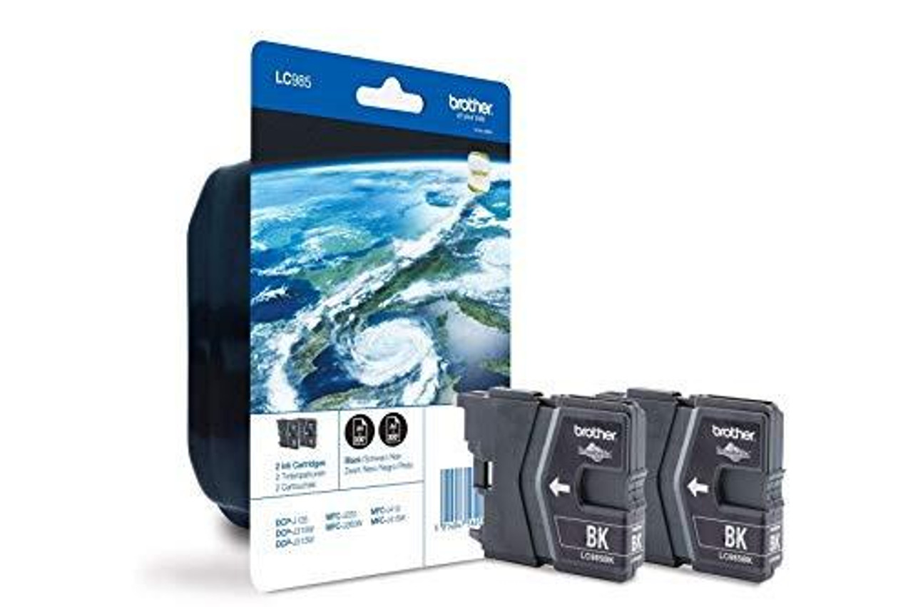 Brother LC-985BK Inkjet Cartridge, Black, Twin Pack, Standard Yield, includes 2 x inkjet cartridges, Brother Genuine Supplies LC-985BKBP2, shown with packaging and two black cartridges.