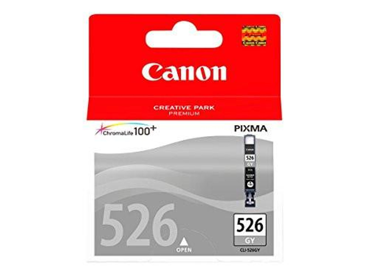 Canon CLI-526GY Grey Ink Cartridge, genuine compatible ink cartridge for PIXMA MG printers in red packaging with grey and black ink cartridge images.