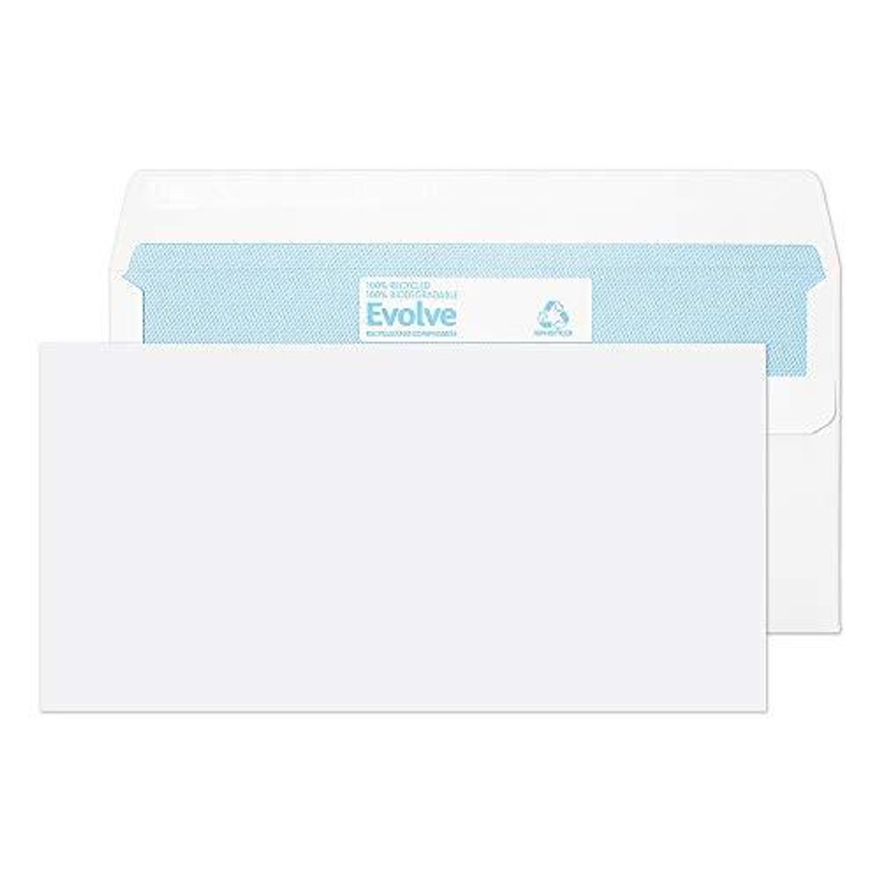Blake Purely Environmental DL 110 220 mm 90 gsm Evolve Recycled Wallet Self Seal Envelopes, white self-seal envelopes with a blue Evolve logo on the flap, pack of 1000.