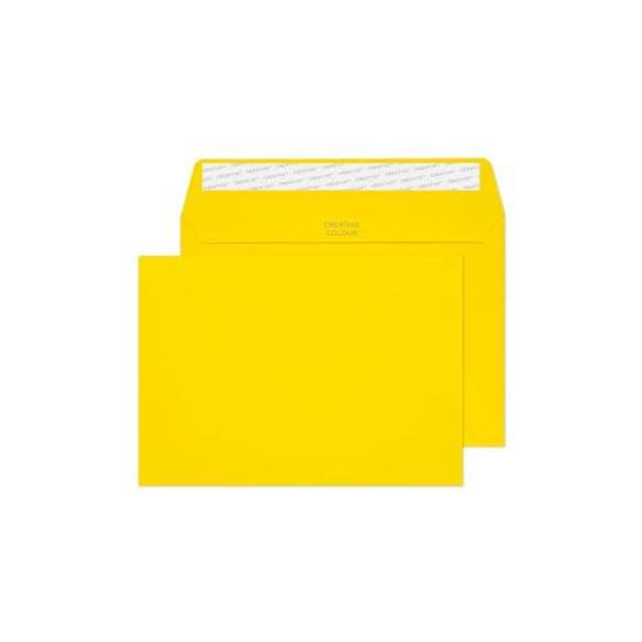Blake Creative Colour C5 162 x 229 mm 120 GSM Peel and Seal Wallet Banana Yellow Envelopes, box of 250 C7 envelopes, showing a bright yellow peel and seal wallet envelope with a transparent strip on the flap for sealing.