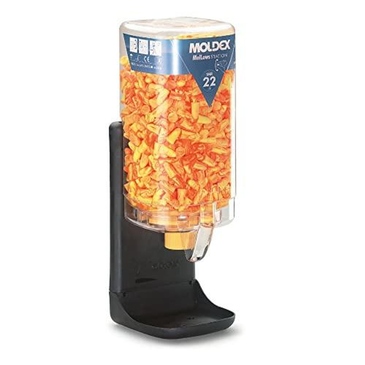 Moldex 7650 SNR 22 dB MelLows Earplugs - Multi-Colour (500 Pair), plastic dispenser containing orange, yellow, and pink foam earplugs.