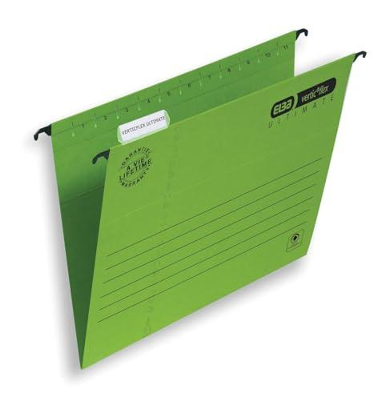 Elba Ultimate Foolscap Manilla Verticflex Suspension Files, V-Base, 240 gsm - Green (Pack of 25), green suspension file with black hooks and measurement markings at the top.