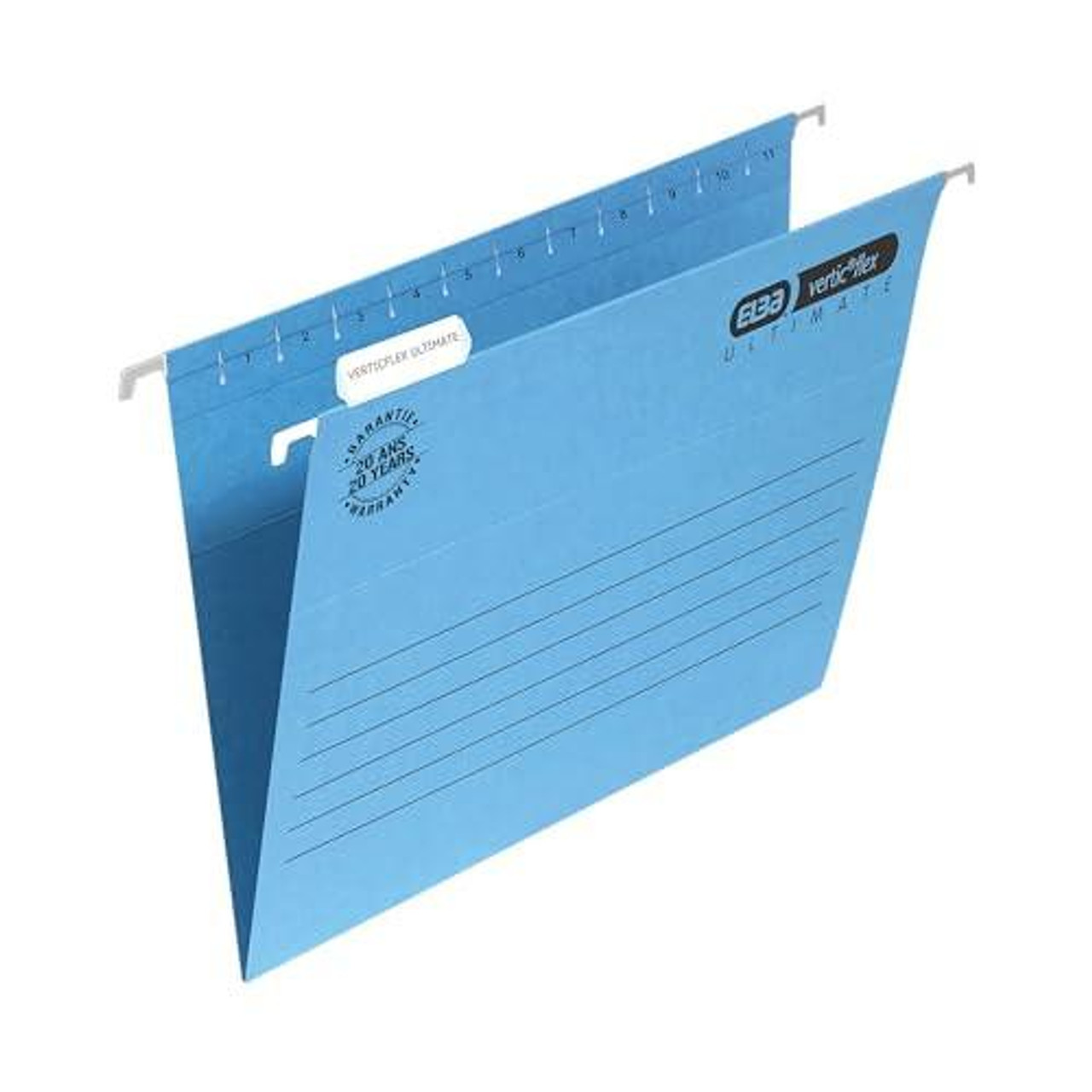 Elba Ultimate A4 Manilla Verticflex Suspension Files, V-Base, 240 gsm - Blue, Pack of 25, with reinforced V-Base and hanging hooks for organized document storage.