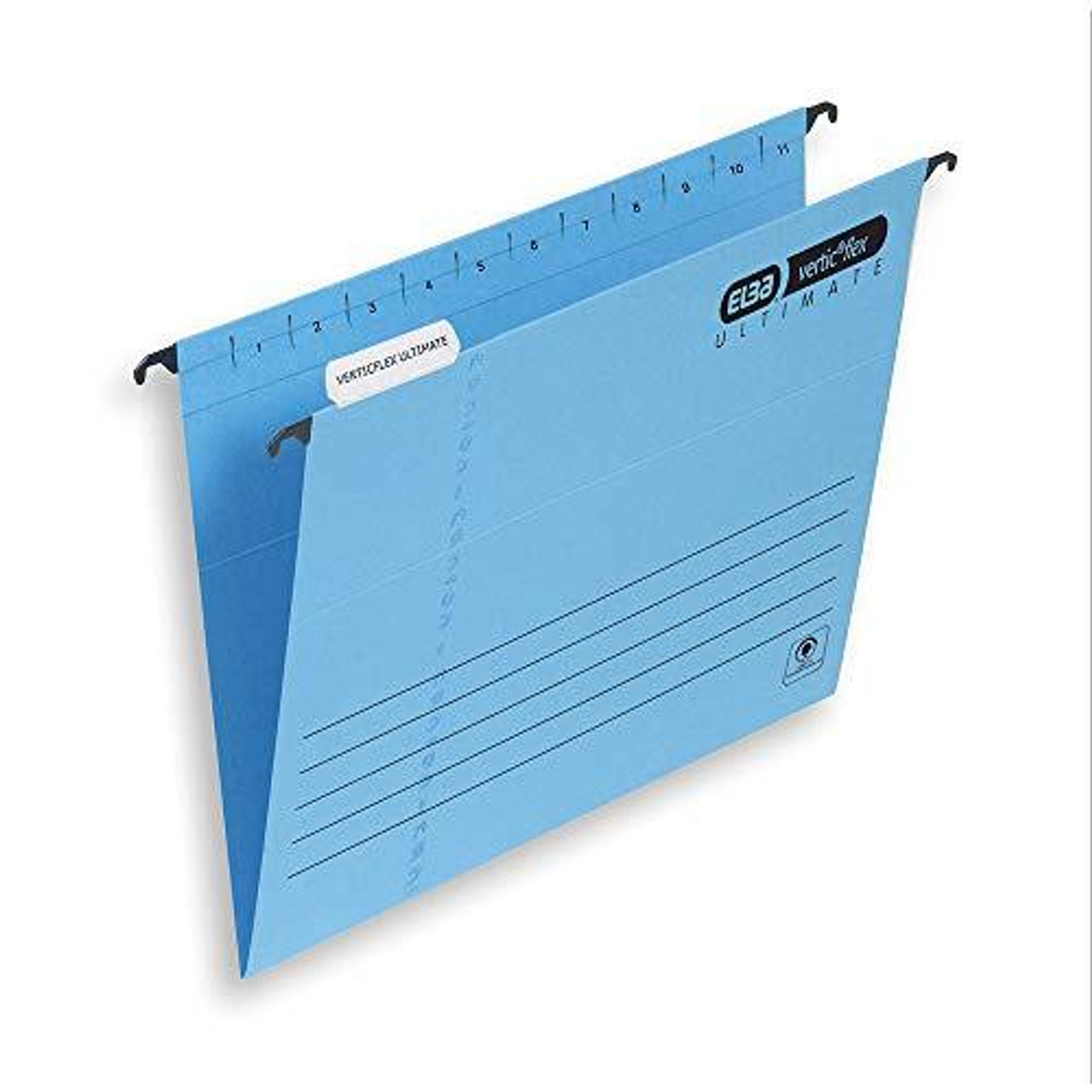 Elba Ultimate Foolscap Manilla Verticflex Suspension Files, V-Base, 240 gsm - Blue (Pack of 25), blue suspension files with black hooks and printed measurement and label areas for document organization.
