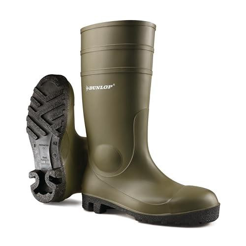 DUNLOP Protomastor - Unisex Knee High Full Safety Waterproof Work Boots, Green, S5 Rated Antistatic and Slip-Resistant PVC Wellies with Steel Toecap for Outdoor and Farm Work - EU38, UK5, showing a full green waterproof rubber boot with steel toe cap and textured sole for traction.