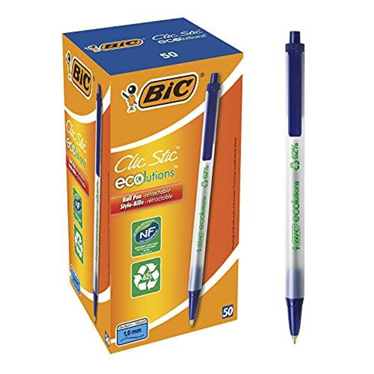 BIC Ecolutions Clic Stic (Recycled) Blue, a pack of 50 blue retractable ballpoint pens with eco-friendly recycled plastic design and packaging.