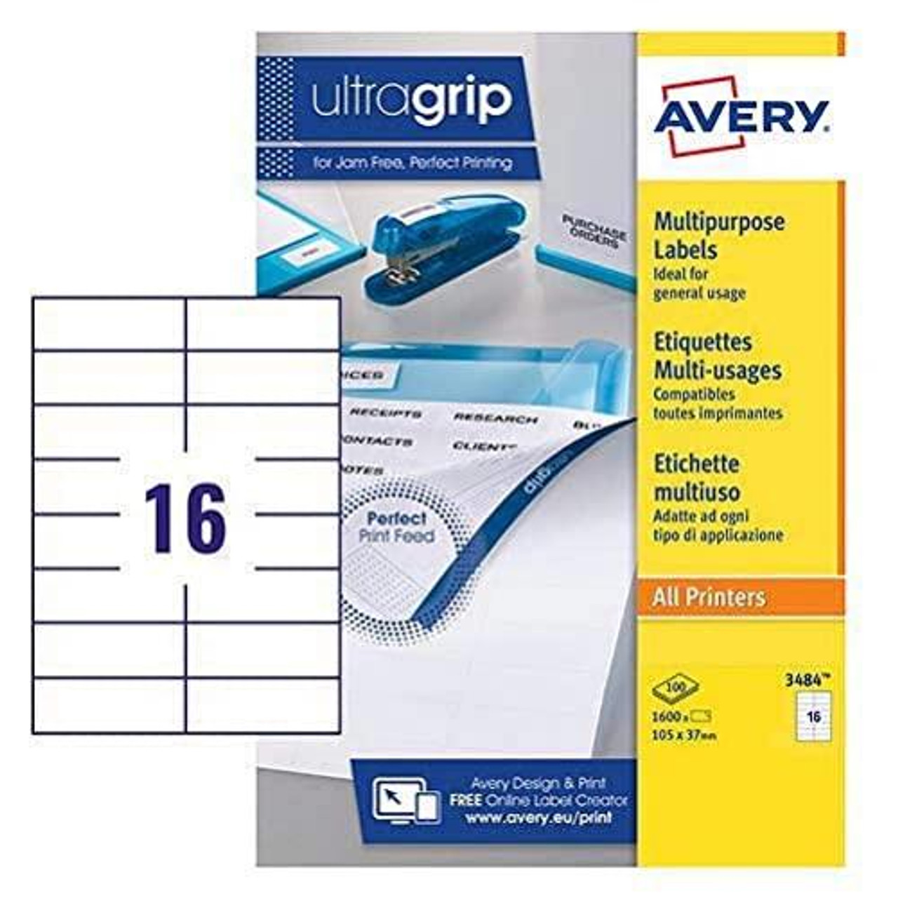 Avery 3484 Printable, Customisable Multipurpose/Copier Labels, 16 Labels per A4 Sheet, White, 100 Sheets, with a sheet showing 16 white labels and printing layout for versatile label printing.
