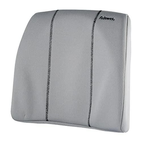 Fellowes Slimline Back Support for Office Chair, ergonomic lumbar support cushion with gray fabric cover and black stitching for improved posture and comfort.
