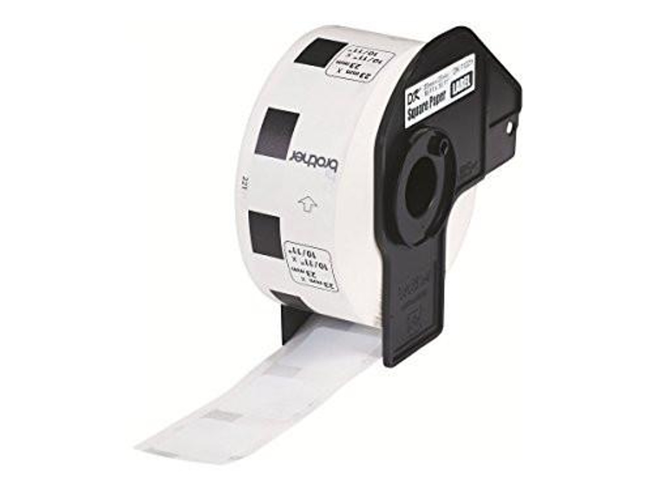 Brother DK-11221 Label Roll, Square Labels, Black on White, 1000 Labels, 23mm (W) x 23mm (L), Brother Genuine Supplies, image of a label printer with white label roll feeding out.