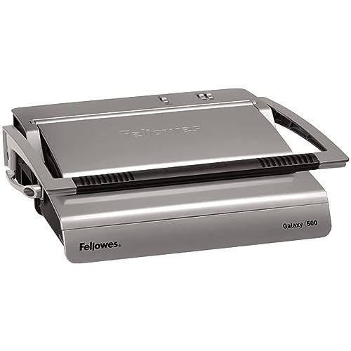 Fellowes Galaxy Large Office Manual Comb Binder with Satellite System, grey, 25 Sheet Punch Capacity, 5622001, image showing the grey comb binding machine with a metal cover and controls on top.