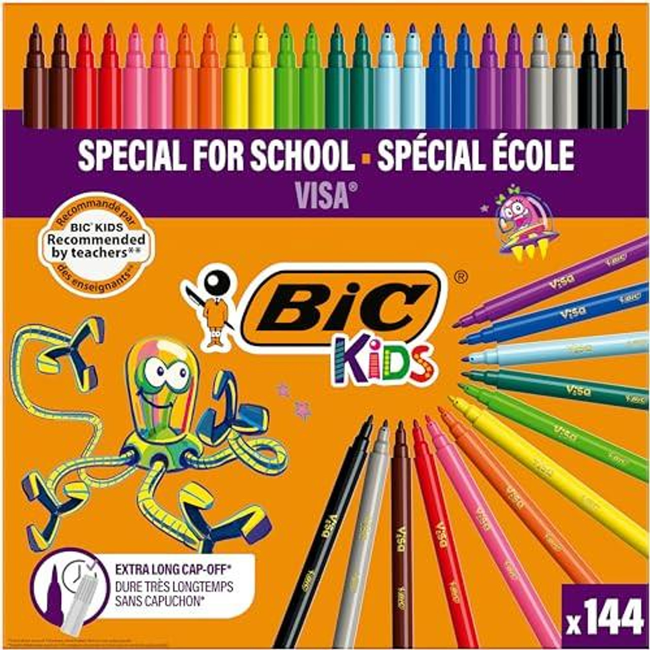 BIC Kids Visa Felt Pens - Assorted Colours, Classpack of 144, featuring vibrant felt tip pens in various colors arranged on packaging for school and art projects.