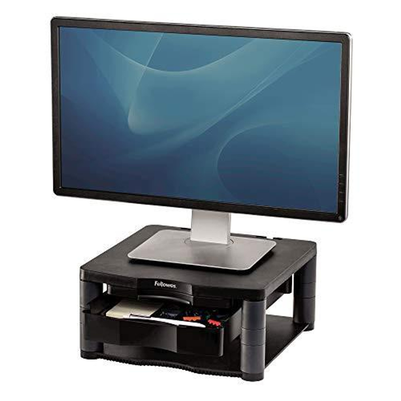 Fellowes Premium Plus Adjustable Monitor Stand, Black, on a desk with a computer monitor on top and storage space underneath for accessories.