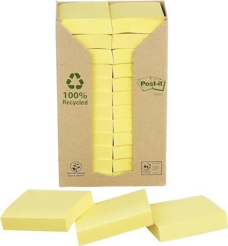 Post-it Recycling Notes Canary Yellow, Pack of 24 Pads, 100 Sheets per Pad, 38 mm x 51 mm, Yellow Color - Self-stick Notes Made from 100% Recycled Paper, displayed with several individual notes in front of the packaging.