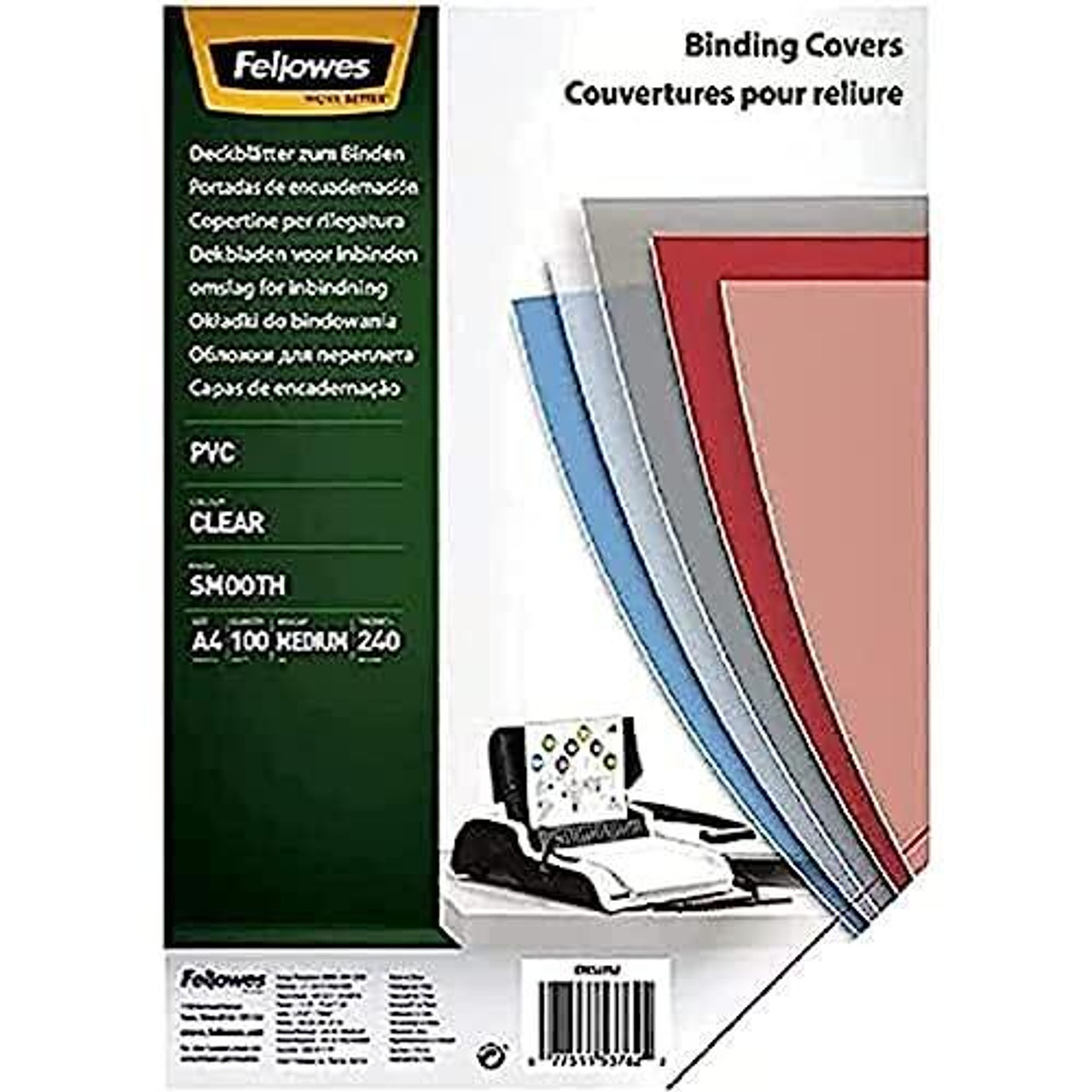 Fellowes A4 Binding Cover, Pack of 100 transparent PVC binding covers with 240 microns thickness.