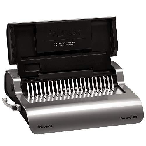 Fellowes Quasar-E Electric Comb Binder, a professional-efficient binding machine with a silver body and a black top cover, ideal for office and document binding tasks.