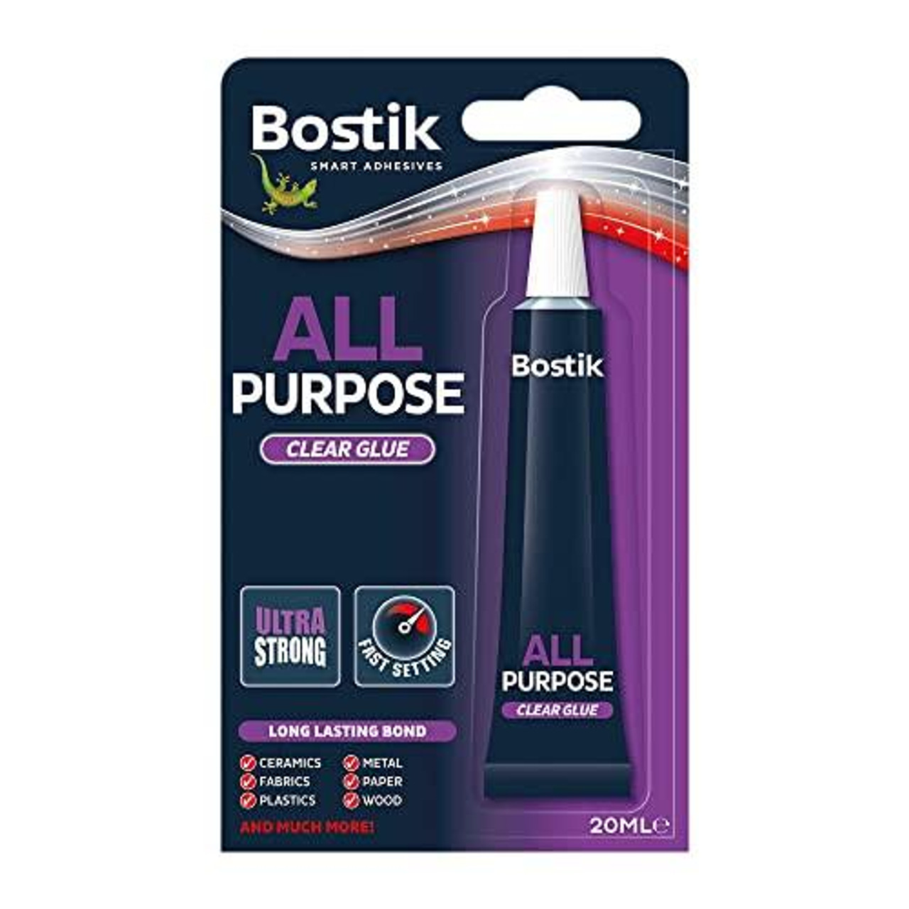 Bostik 20ml All Purpose Glue - Clear (Pack of 6), product packaging showing a tube of clear adhesive glue suitable for ceramics, metal, fabric, paper, plastics, and wood.