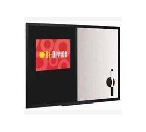 Bi-Office 600 x 450mm Combo Message Board - Black/Silver, wall-mounted message board featuring a black message area with a red display and a silver lockable cabinet.